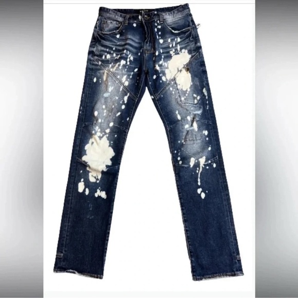 AKOO DENIM JEANS DISTRESSED CLASSIC STRETCH  STYLE BLUE AND WHITE SIZE 32 - Picture 1 of 10